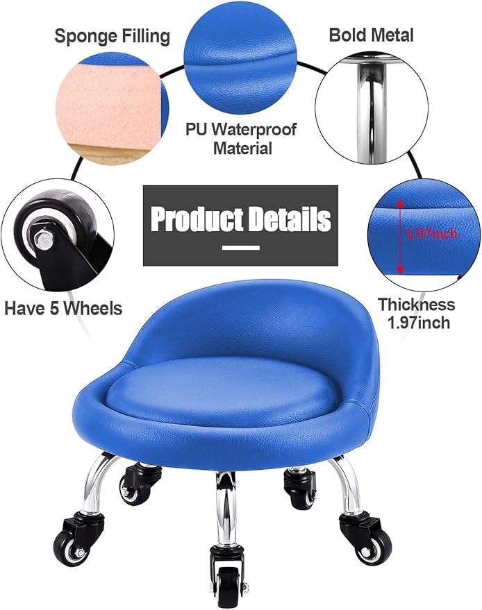 Lanstics Low Roller Seat Stool with Universal Swivel Wheels Leather Rolling Stool Seats with Cushion Backrest 360 Rolling Stools for Home Office Fitness (Blue)