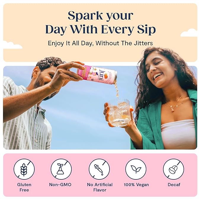 Juni Sparkling Adaptogen Drink with Ashwagandha, Lion’s Mane & Reishi Mushrooms | Green Tea for Focus, Zero Sugar, 5 Calories | Decaffeinated, Non Alcoholic Drinks - Strawberry Hibiscus 12 pack