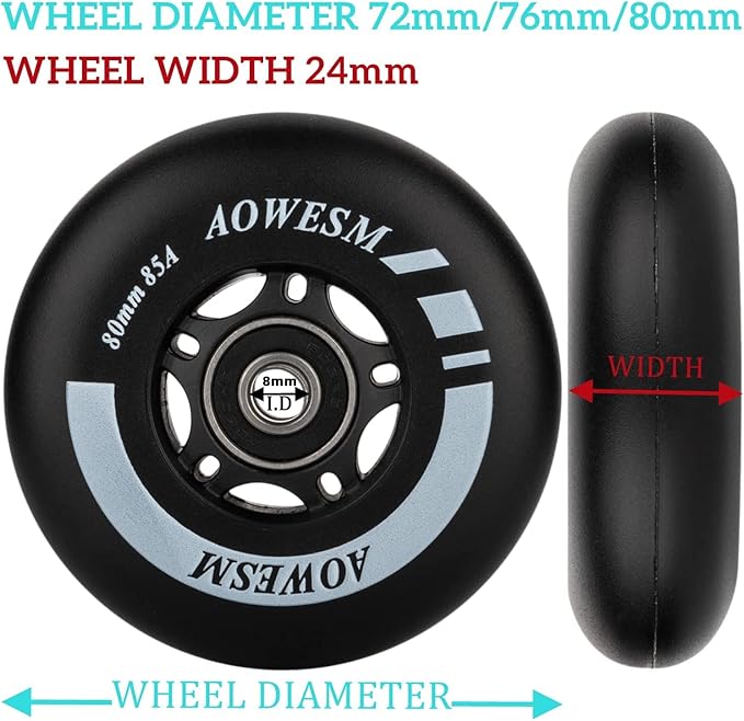 AOWESM Inline Skate Wheels 80mm 76mm 72mm 85a Outdoor Indoor Black Blue Red Roller Hockey Blades Replacement Wheels w/Bearings ABEC-9 and Floating Spacers (8-Pack)