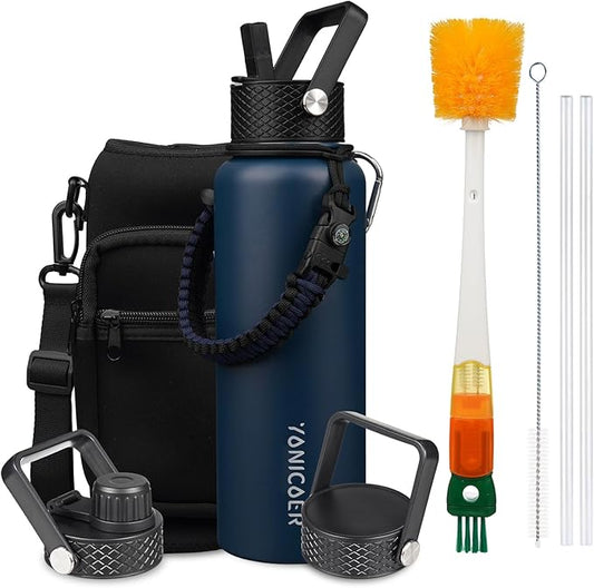 Insulated Water Bottle 64oz,Triple Wall Vacuum Stainless Steel(Dishwasher Safe),Leak Proof & Non-BPA,Flask Jug with Paracord Handle & Straw Spout Lids Sports