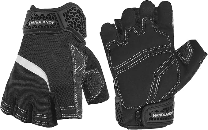 HANDLANDY Fingerless Work Gloves for Men, Half Finger Working Glove Grip Shock-Absorbing Breathable Uwrist TPR Anti-collision Gloves for Mens & Women (Black, L)