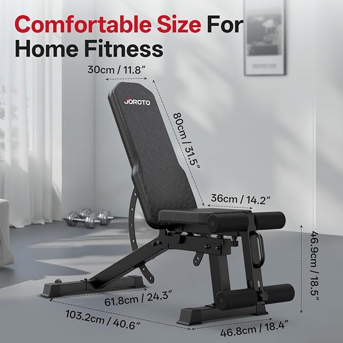 JOROTO MD65 Adjustable Weight Bench, 1700LB Heavy Duty Workout Bench for Home Gym, Flat Incline Decline Sit Up Utility Bench Press with 9 Backrest & 3 Seat Positions, Removable Leg Support & Wheels