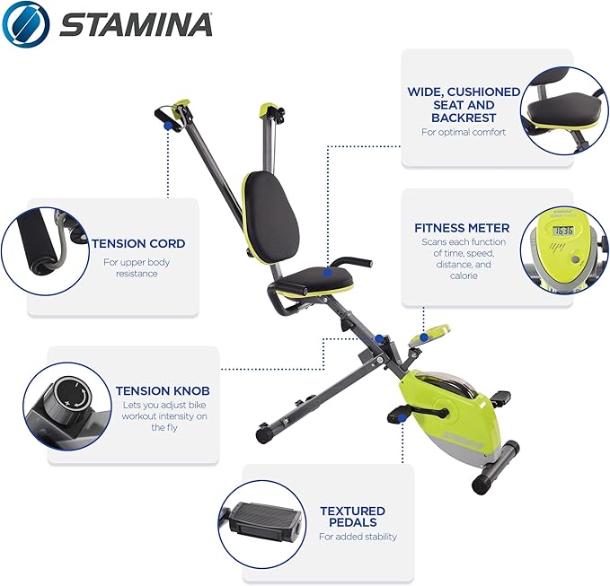 Stamina Wonder Exercise Bike | Build Upper and Lower Body Strength on One Machine | Includes Two Online Workout Videos, Chartreuse and Gray