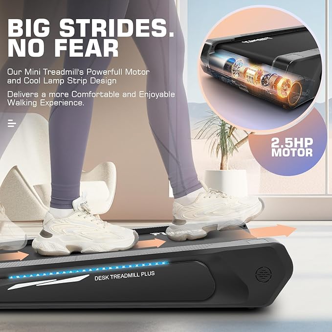 FUNMILY Smallest Walking Pad with 5% Incline, 2 in 1 Under Desk Treadmill for Home Office, 2.5 HP Mini Compact Walking Treadmill, Installation-Free/300lbs Weight Capacity/Unique Lighting Design
