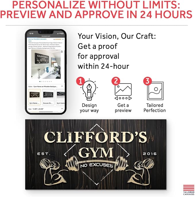 Tailored Canvases Personalized Gym Sign Wall Art Decor - Motivational Canvas for Home Gym, Workout Room, Garage, Fitness Center - Workout Inspirational Posters - Gym Name on Wooden Background, 60x30in