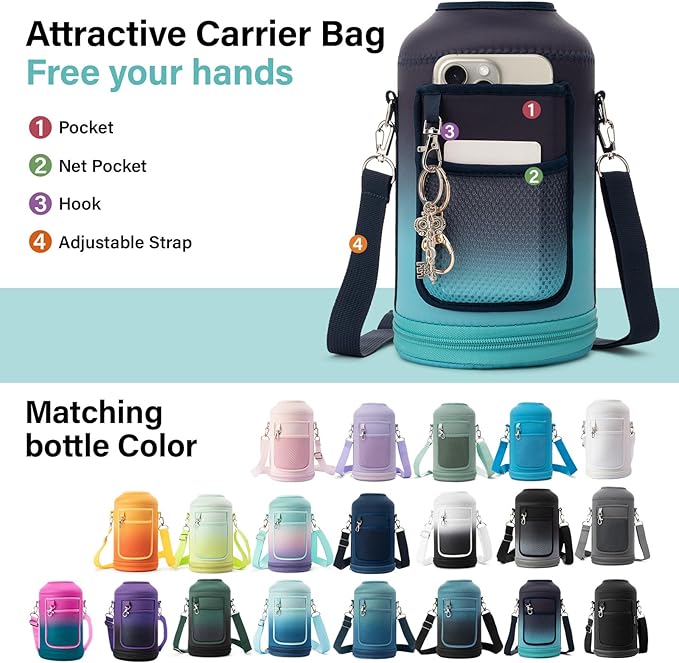 Insulated Water Bottle | Thickened Stainless Steel Vacuum Metal | Portable Sports Half Gallon Large Water Jug for Gym and Hiking with Straw, Carrier Bag, Handle Strap | BPA-Free 64 oz