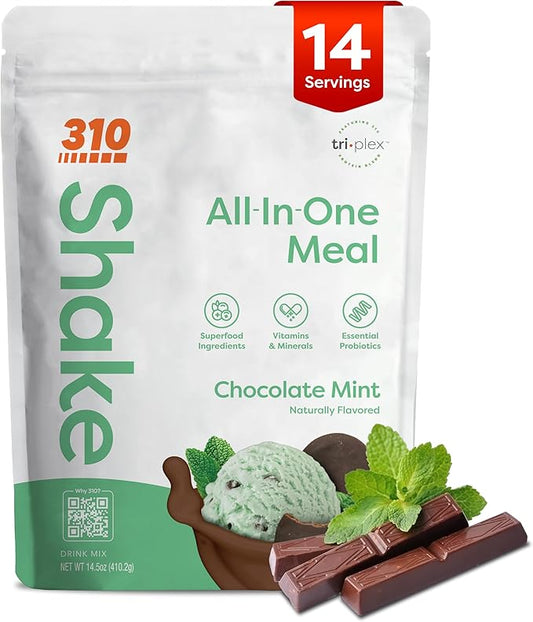 310 Nutrition All-In-One Meal Replacement Shake Powder - Plant-Based Protein Smoothie Blend w/High Fiber, Probiotics & Adaptogens - Low Carb, Vegan, Keto & Paleo Friendly - Chocolate Mint - 14 Srv