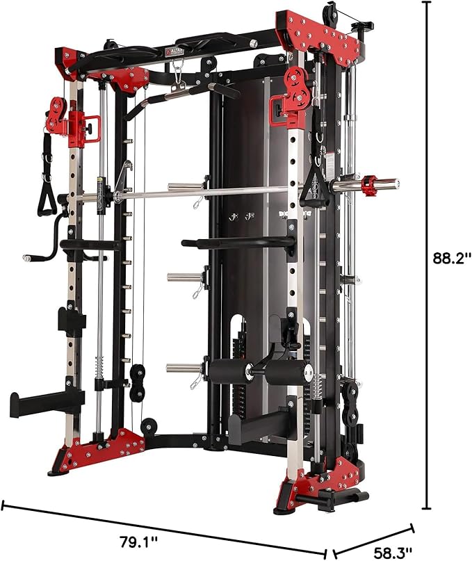 Altas Strength Smith Machine 3058G Home Gym 1000 lbs Weight Capacity 2000 lbs Cables Strength Training Power Cages Squats Presses Pulling Lunges Deadlifts Easy Assembly Included Accessories