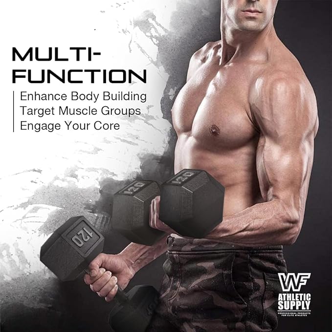 WF Athletic Supply Cast Iron Solid Hexagon Gray/Black Dumbbells, Strength Training Free Weights Set of 2 for Women and Men, Hand Weights Sold by Pairs, Multi-Select Size Options Available