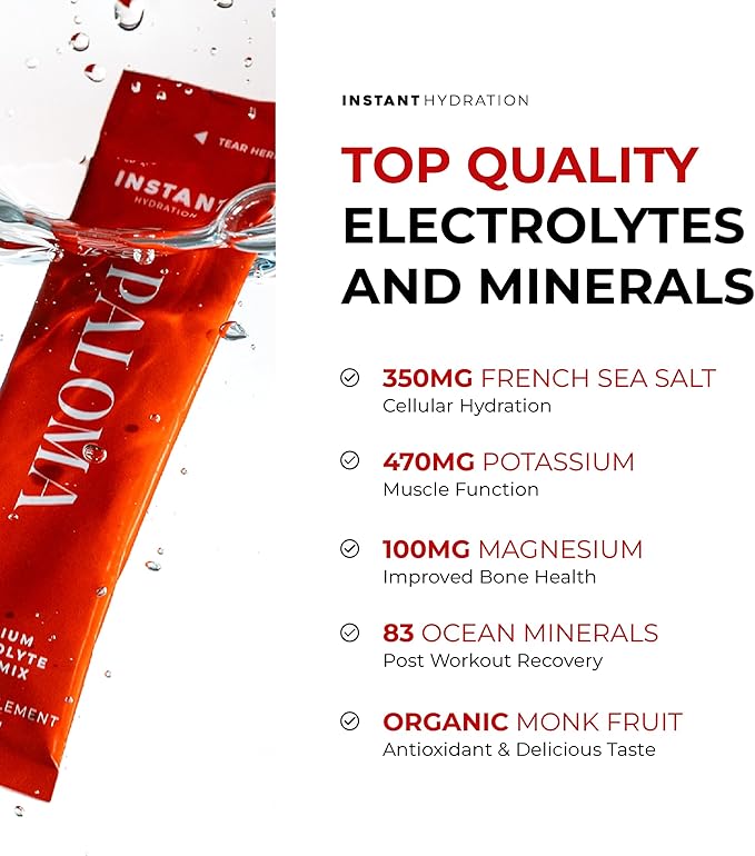 Instant Hydration Electrolytes Powder Packets - Paloma Electrolyte Drink Mix - Zero Sugar - Keto, Vegan, Gluten-Free, Non-GMO - Boost Recovery, Brain Health, Muscle & Tissue Support- 30 Sticks