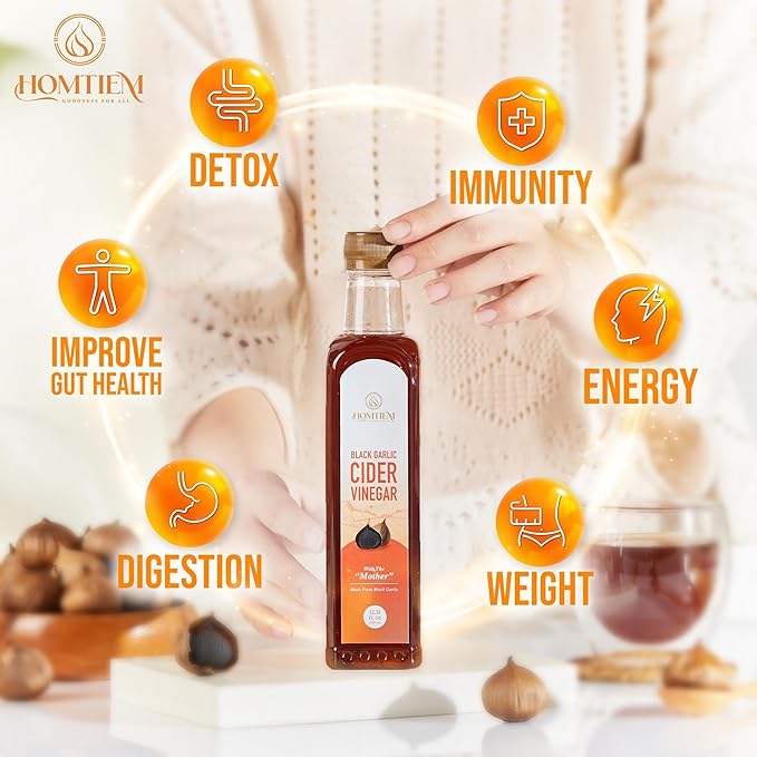 Homtiem Black Garlic Cider Vinegar – Naturally Fermented Vinegar Made with Black Garlic and Cider Vinegar, Gluten Free, Rich in Health Benefits, Ideal for Salad Dressings, Sauces, Drinks, and Healthy Recipes (350ml, Pack of 2)