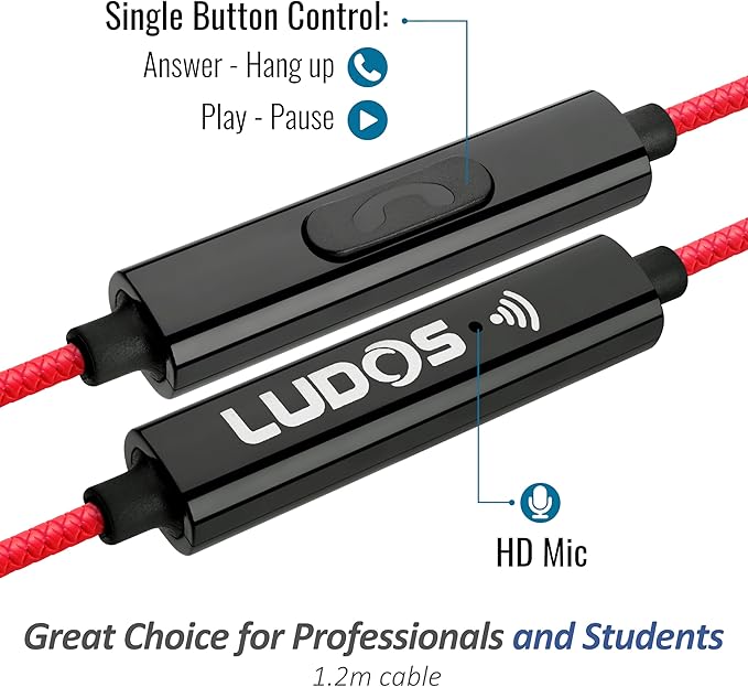 LUDOS Clamor Wired Earbuds in-Ear Headphones, 5 Years Warranty, Earphones with Microphone, Noise Isolating Ear Buds, Memory Foam for iPhone, Samsung, School Students, Kids, Women, Small Ears - Red