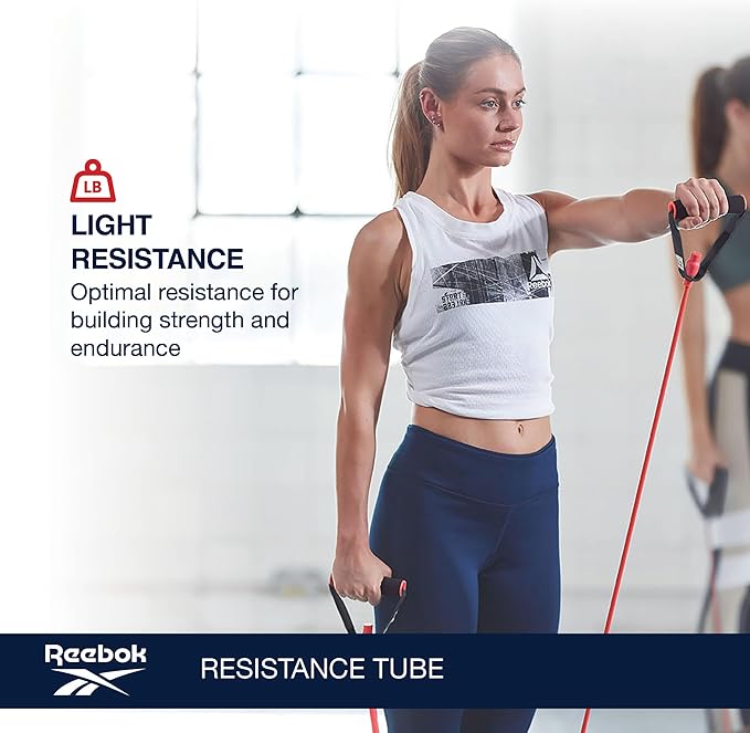 Reebok Resistance Tube Full Body Workout, Warm-Up & Strength Training Resistance Bands with Handles, Non-Slip Stretch Bands for Exercise, Fitness Bands for Men & Women