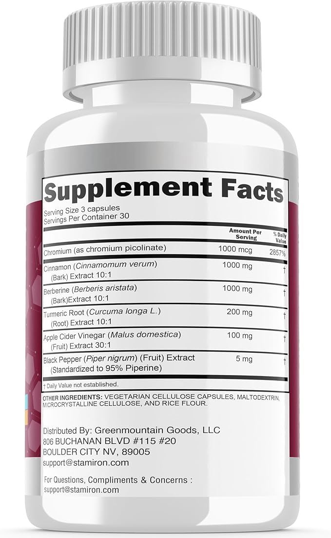 Stamiron Berberine Complex with Ceylon Cinnamon, Chromium, Turmeric, Apple Cider Vinegar, 90 Capsules