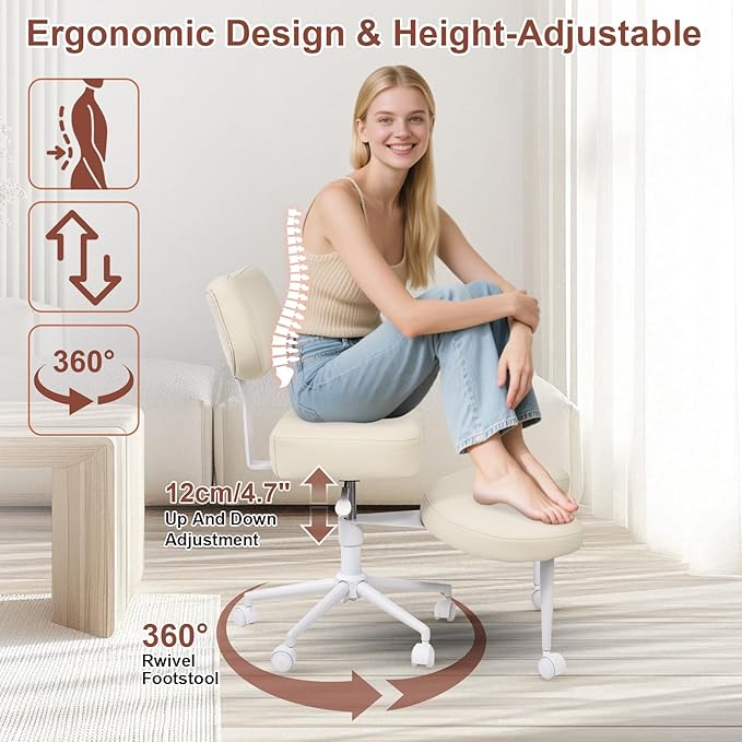 Meditation Chair Cross Legged ADHD Office Chair for Adults with Wheels Ergonomic Back Support and Leg Rest for Multi Position Criss Cross Sitting Kneeling and Yoga Height Adjustable, Leather Style