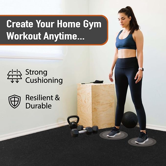 AIRHOP 0.56in Thick 48 Sq Ft Exercise Equipment Mats, 12 Tiles Upgraded Rubber Top with High Density EVA Foam, Large Interlocking Puzzle Gym Flooring for Home Gym, Heavy Weight Workout,Black