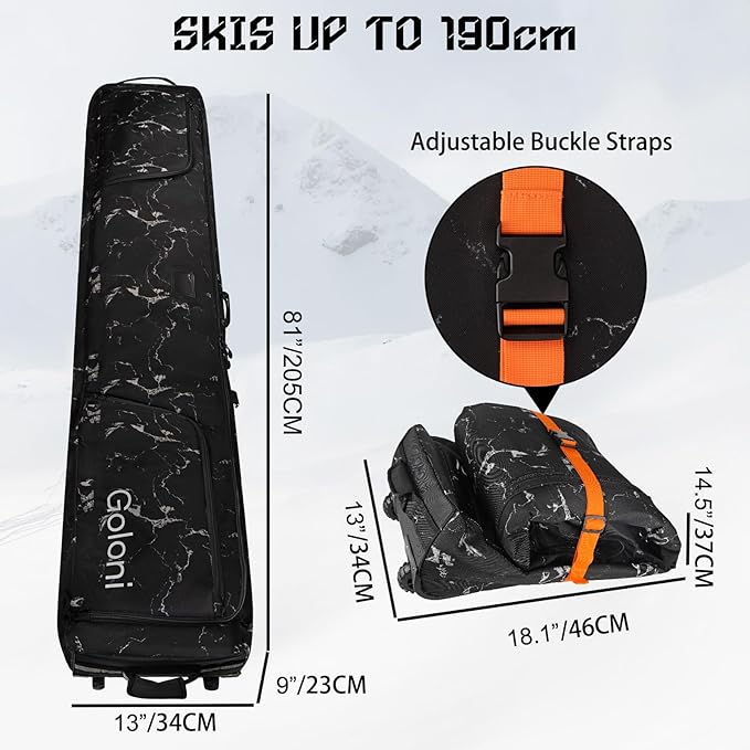 Goloni Ski Bag with Wheels,Padded Snowboard Bag for Air Travel,600D Waterproof Fabric,Foldable Snow Bag Fits 2 Pairs Skis