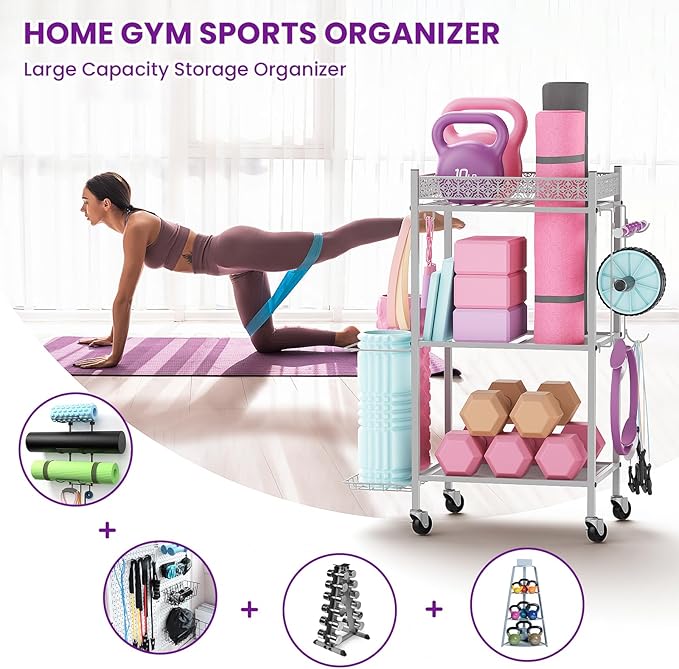 Yoga Mat Storage Rack, Home Gym Storage Rack, VOPEAK Workout Storage for Yoga Mat, Foam Roller, Equipment Gym Storage for Home Exercise and Fitness Gear (Metal)