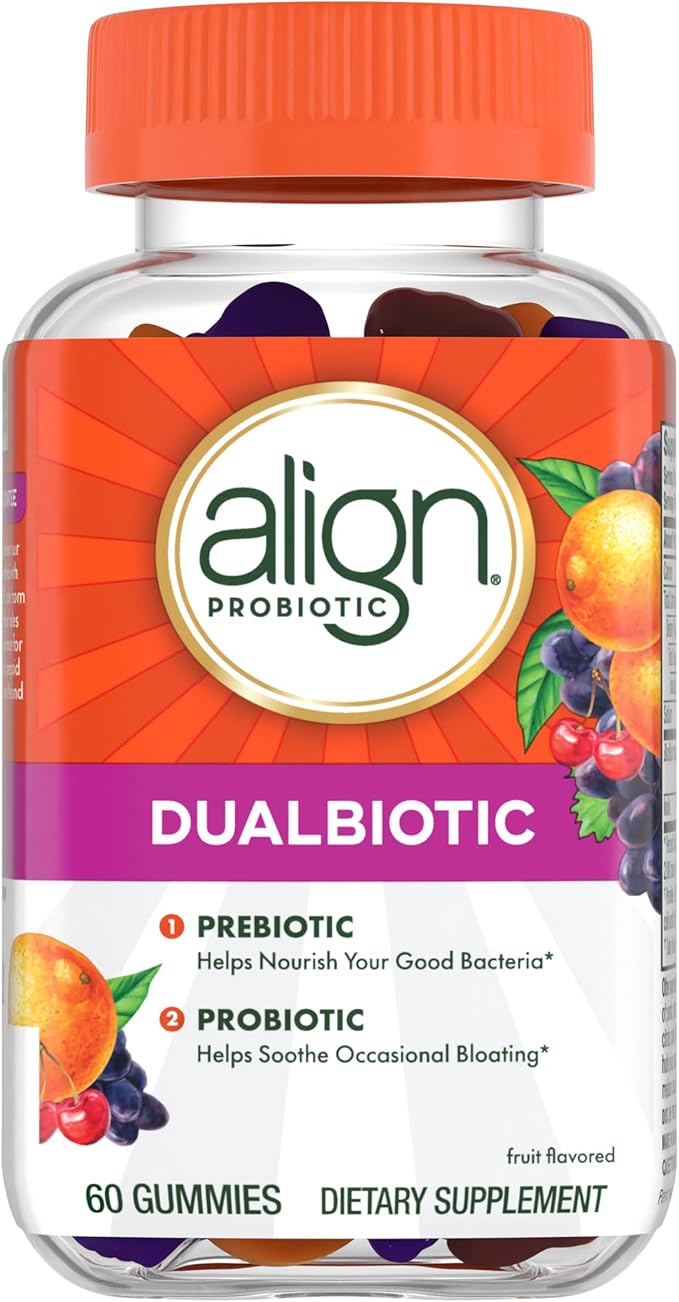 Align Dualbiotic, Prebiotics and Probiotics for Women and Men, Probiotics for Digestive Health, Prebiotics Help Nourish Good Bacteria, Natural Fruit Flavors, 60 Probiotic Gummies