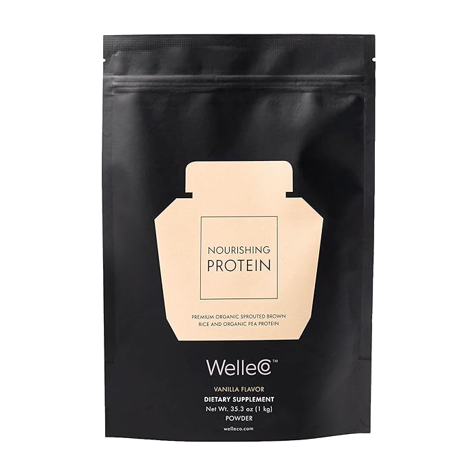 WelleCo Vegan Protein Powder, Gluten Free Premium Organic Sprouted Brown Rice & Pea Protein Blend, Low Carb & Dairy Free, for Energy, Muscle Recovery, 16g Protein Per Serving, Vanilla, 35.2oz Pouch
