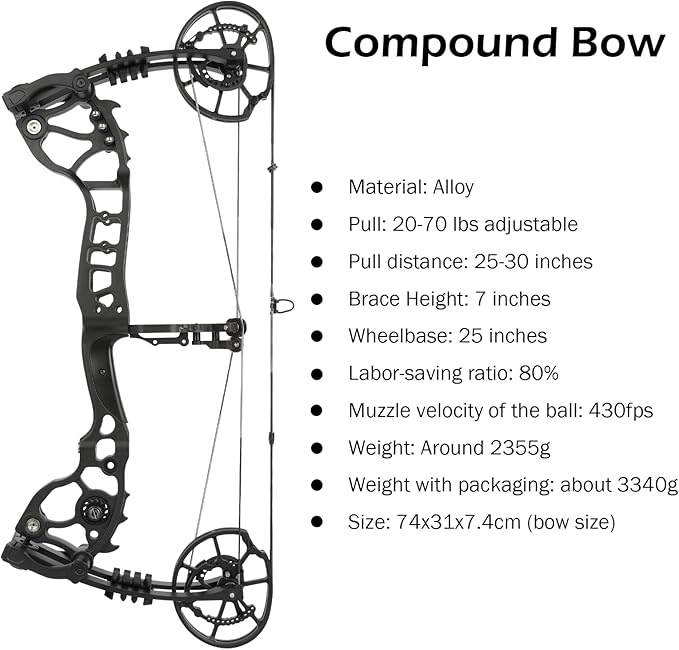 Archery Compound Bow Hunting Set 20-70lbs Adjustable Pull 320fps Speed with 5 Pin Sights and 9 Carbon Arrows for Teens and Adults Target Practice Outdoor Hunting Full Set of Accessories