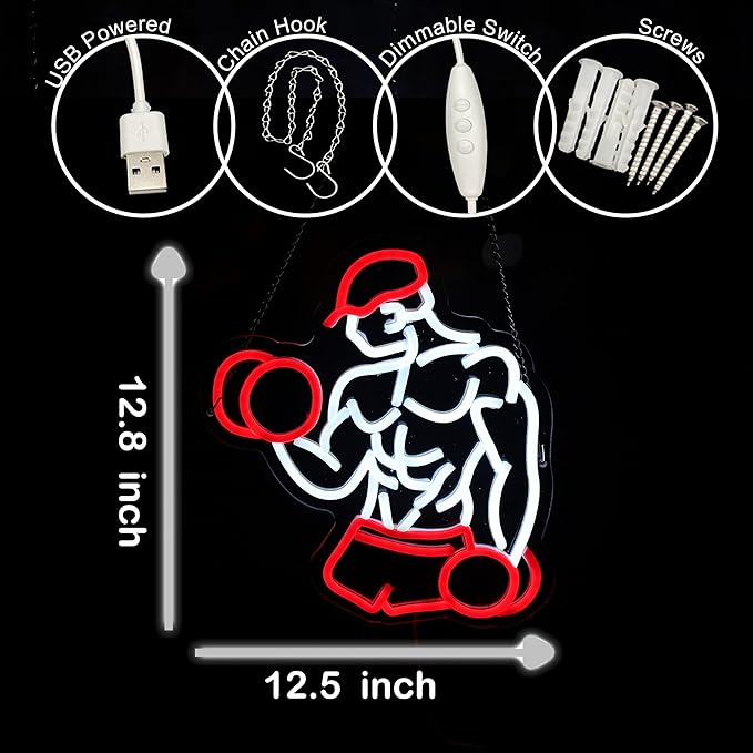 Home Gym Neon Sign Man lifting Dumbbell Build Muscle Led Light Up Sign Dimmable Gym Lighting for Home Gym Decor Men Cave Gifts 12.5"×12.8"