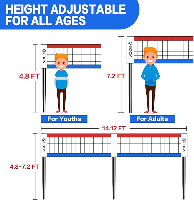 GOOX 4 Square Volleyball Net Game Set, 14 FT 4-Way Volleyball Net for Backyard Beach Lawn, Portable Four Square Volleyball Net for Adults & Youths with Vollyball, Pump, Carry Bag
