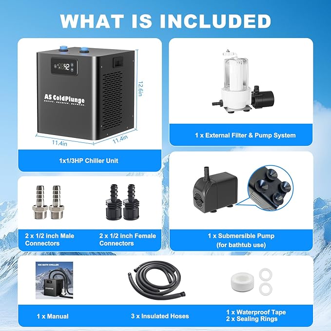1/3HP Ice Bath Chiller & Cold Plunge Tub Kit – XL 100 Gal Insulated Ice Pod, External Pump & Filter, Cold Plunge Tub with Water Chille for Athletes, Recovery & Home Wellness