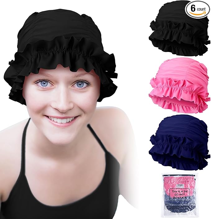 Soulchen 3 Pcs Swim Cap Women Adult with Ruffled Edges Nylon Cloth Swimming Cap for Women Bathing Hats Swim Turban Waterproof Swimming Hat