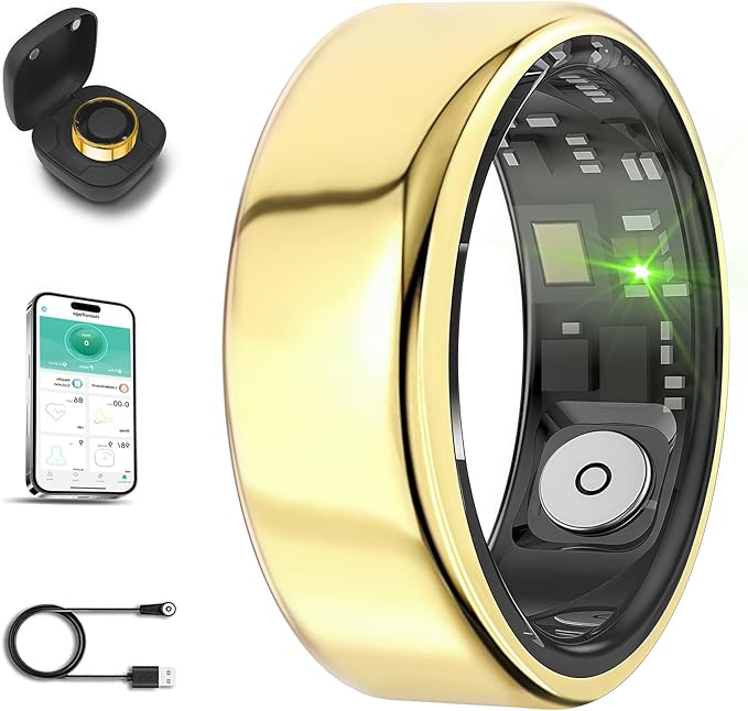 Smart Ring for Men Women with Black Charging Box, Bluetooth, Health Ring , IP68 Waterproof, Fitness Ring Tracks Heart Rate/Sleep/Steps/Sports Activities/Blood Oxygen,non-subscription app (Gold, 12)