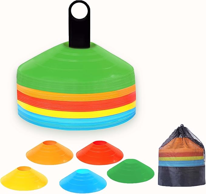 Training Soccer Cones 25/50/100 Pack with Carry Bag & Holder – 5 Colors – Agility Disc Cones Set Sports Practice Equipment for Soccer, Football, Basketball, Coaching & Speed