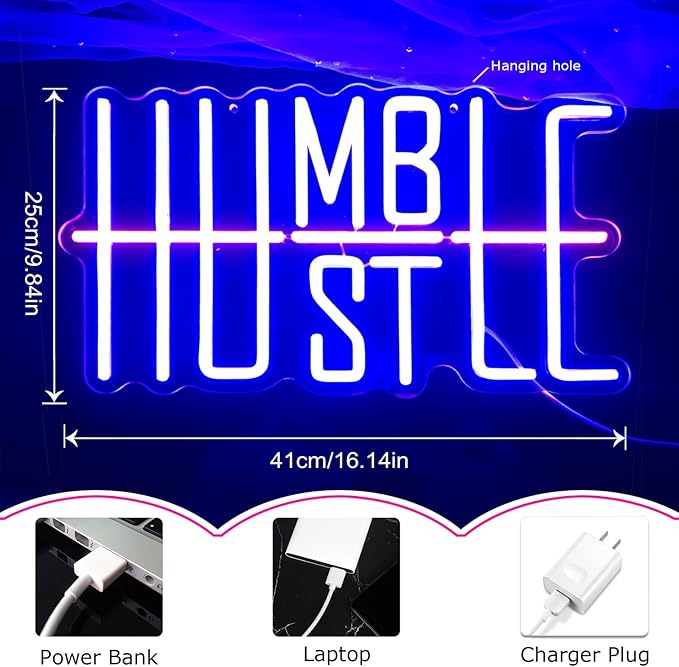 Humble&Hustle Neon Sign Light Up for Wall Decor Hustle Led Sign for Gym Small Acrylic Art Decor for Office Bedroom Decorations 16.54x9.45 inch