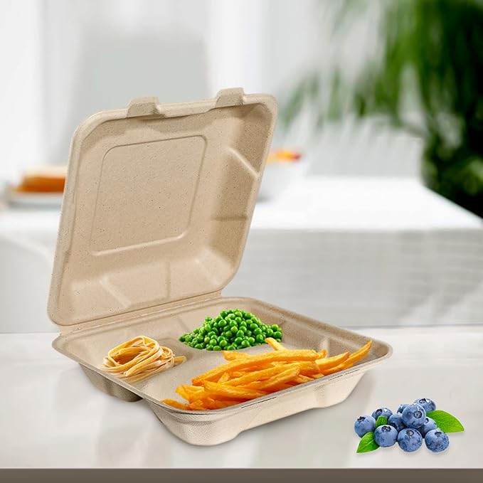 Aricsen Compostable 50 Pack 8x8 Inch 3 Compartment Takeout Lunch Box Containers with Lid, To Go Take Out Clamshell for Food, Disposable Eco-Friendly Biodegradable Bagasse, PFAS-Free, Unbleached Brown