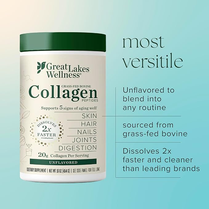 Great Lakes Wellness Collagen Peptides Powder for Skin, Hair, Nails, Joints & Digestion - Unflavored - Quick Dissolve Hydrolyzed, Non-GMO, Keto, Kosher - 10 oz