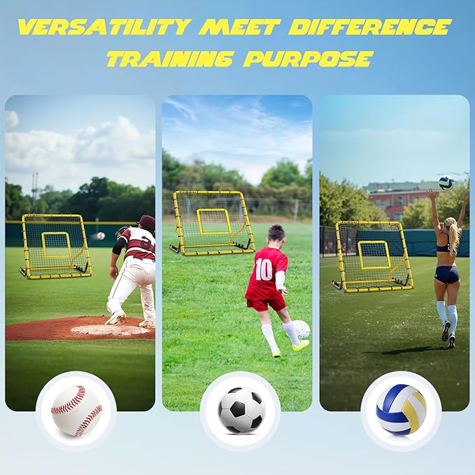 Baseball Rebounder Net,4x4.5FT Multi-Sport Pitch Back Rebounder Steel Frame with 4 Adjustable Angles, 40pcs Bungees Soccer, Volleyball&Lacrosse Trainer for Solo Fielding,Pitching and Reflex Training