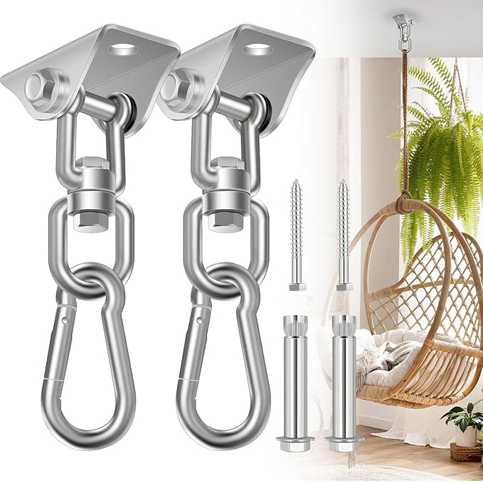 Hammock Hanging Kit 2 Pack, Porch Swing Hanging Kit 1200 Lb Capacity, Hammock Ceiling Hooks Heavy Duty 360° Stainless Steel Rotating Hanging Swing Chair for Hammock Chair Stand, Porch, Yoga, Gym