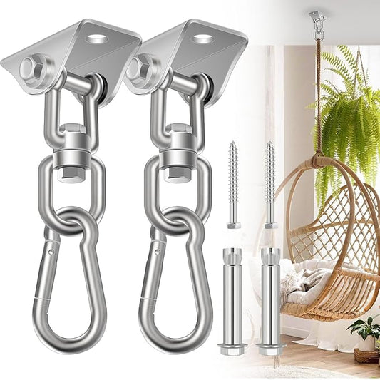 Hammock Hanging Kit 2 Pack, Porch Swing Hanging Kit 1200 Lb Capacity, Hammock Ceiling Hooks Heavy Duty 360° Stainless Steel Rotating Hanging Swing Chair for Hammock Chair Stand, Porch, Yoga, Gym