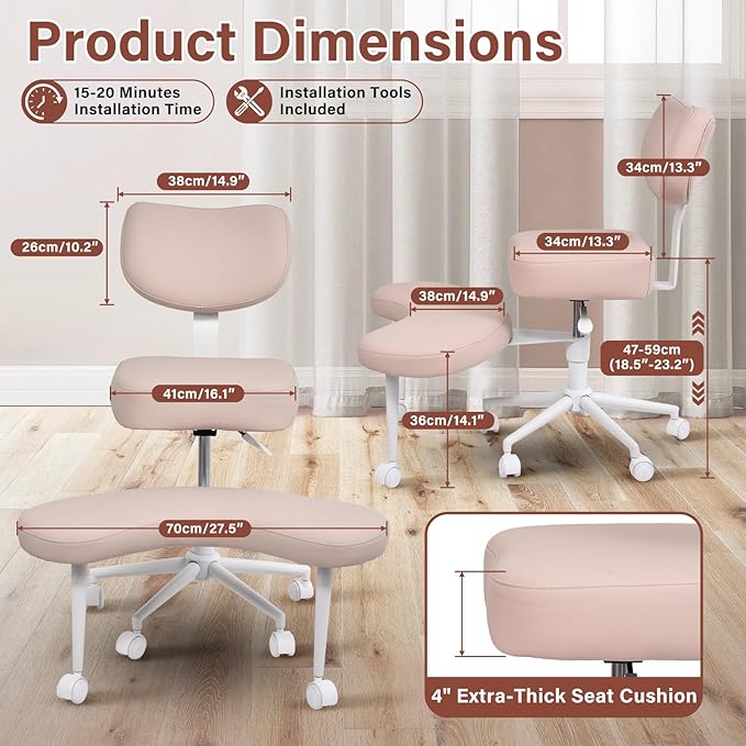 Meditation Chair Cross Legged ADHD Office Chair for Adults with Wheels Ergonomic Back Support and Leg Rest for Multi Position Criss Cross Sitting Kneeling and Yoga Height Adjustable, Leather Style