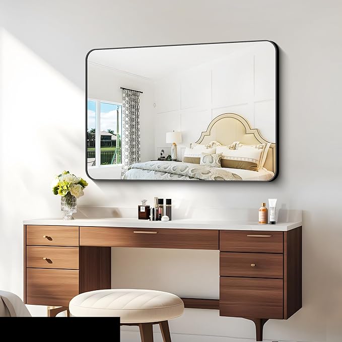 30x40 inch Bathroom Mirror,Black Rectangle Mirror,Wall Mounted Bathroom Frame Vanity Mirror with Round Corner for Bedroom Living Room, Entryway Hangs Horizontal or Vertical