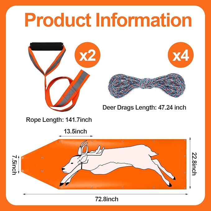 2 Pcs Deer Drag Sleds Deer Sled Game Hauler with 2 Pcs Heavy Duty Drag Strap for Duck Hunting Ice Fishing Accessories Rope Pulling Harness for Hunting Gift