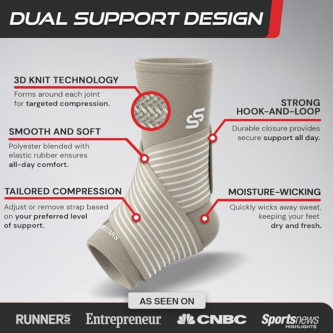 Sleeve Stars Ankle Brace for Women & Men, Ankle Wrap for Sprain, Compression Sleeve for Plantar Fasciitis Relief, Easy Customizable Support: w/ Removable Strap (Single/M:10"-12"/Beige)