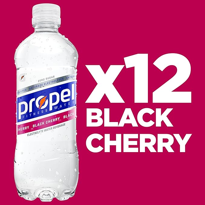 Propel Electrolyte Enhanced Water Sports Drink, Black Cherry Flavored Water, Zero Calorie & Zero Sugar Hydration with Electrolytes and Vitamins C & E, 16.9 fl oz Water Bottles (12 Pack)