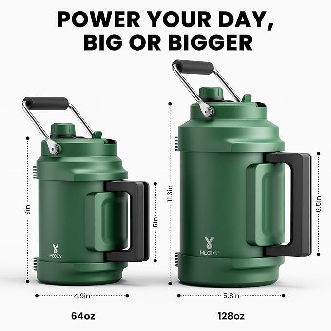 64 oz Insulated Water Bottle for Camping: Meoky Triple Wall Vacuum Stainless Steel Half Gallon Water Jug - Top and Side Handles, 2-in-1 Straw and Spout Lid, Cold for 36 Hrs, Leak Proof, BPA Free (Fir)