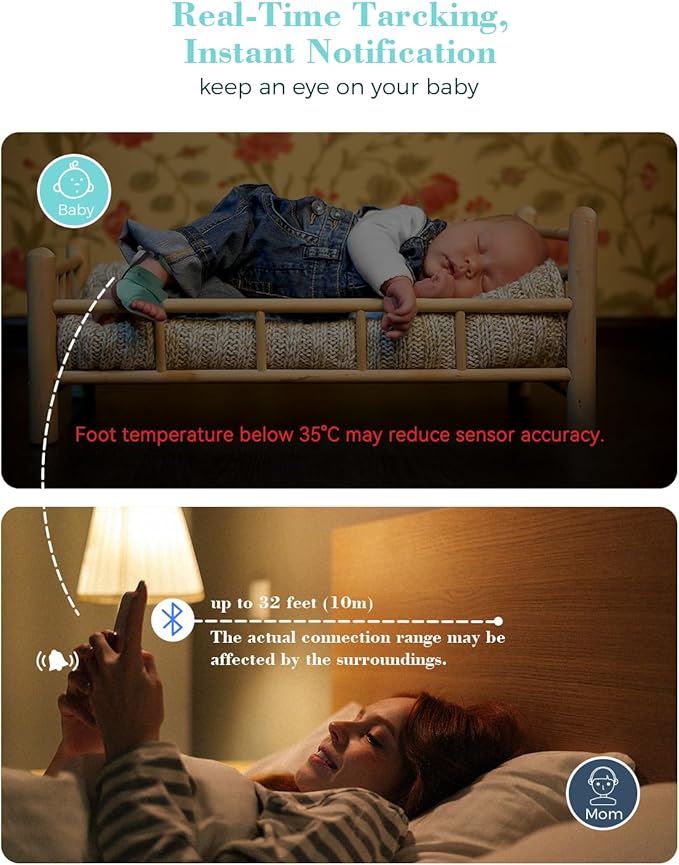 Babytone Baby Sleep Sock Monitor, Tracking Heart Rate and Movement for Newborn, Wearable Foot Monitor Smart Sock with Bluetooth and APP, for 0-36 Months Infant