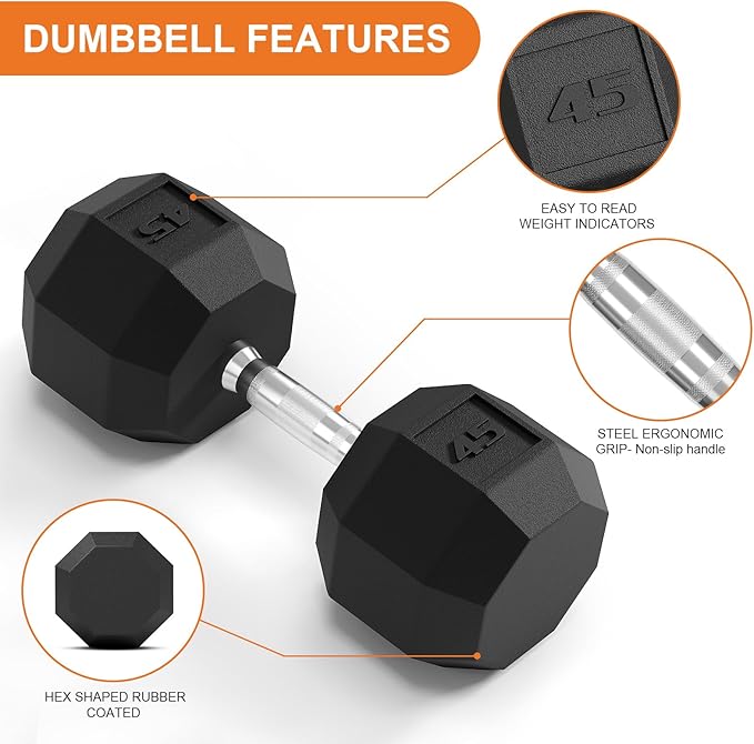 Rubber Coated Hex Dumbbell Weight Set, Multiple Sizes Exercise & Fitness Dumbbells,100LB Set,110LB Set,200LB,350LB,450LB,550LB, 35-50Lbs Pairs for Muscle Toning, Strength Building & Full Body Workout