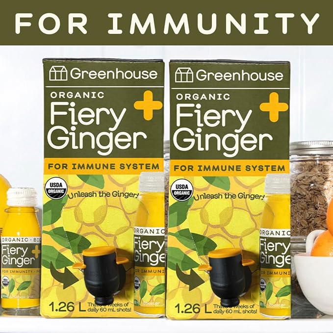 Greenhouse Juice Organic Fiery Ginger Wellness Shot Box Multipack 1.26L Ginger, Turmeric, Lemon, Black Pepper & Oregano | Immunity Wellness + Antiflammatory (Bag-in-Box Dispenser 2 Pack, Fiery Ginger)