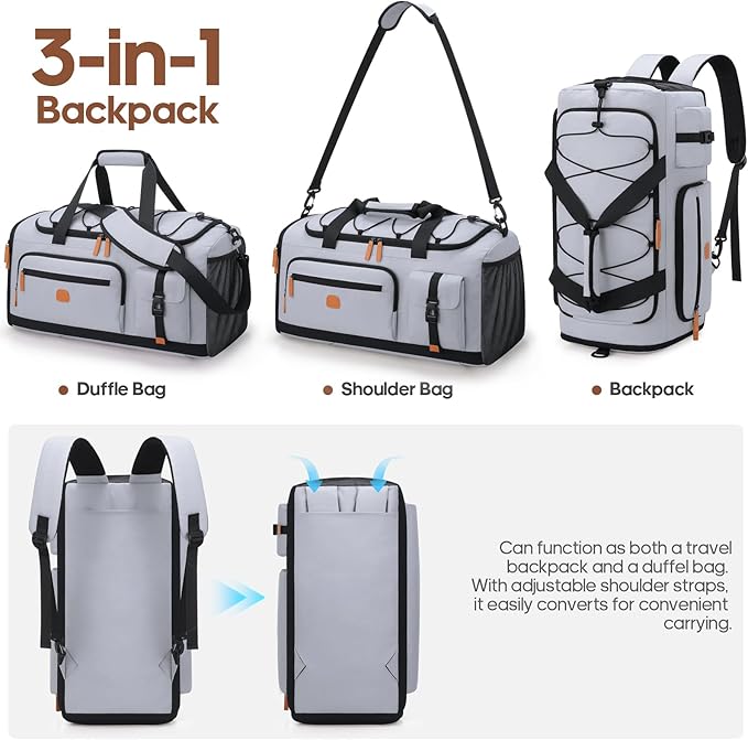 Gym Bag for Men and Women with Shoe & Laptop Compartment, 3-in-1 Sports Travel Duffel Bag Anti-Theft Weekender Carry-On Backpack for Airplane & Workout, Overnight Travel Bag,35L (Light Grey, Medium)