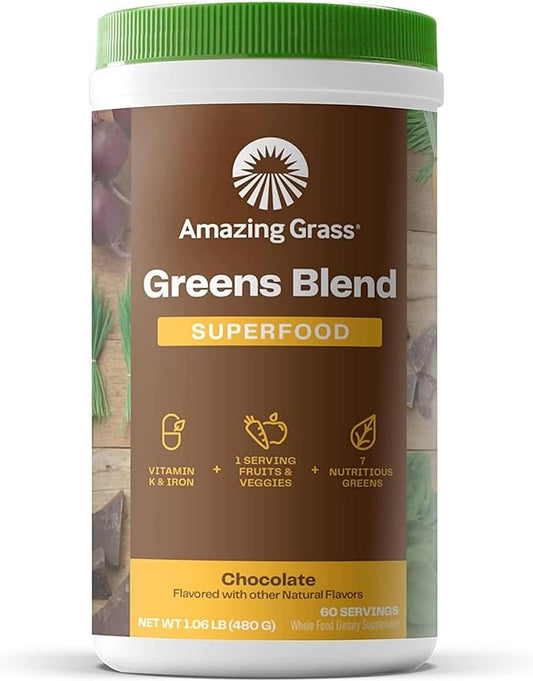 Amazing Grass Greens Superfood Powder: Greens Powder with Digestive Enzymes & Probiotics, Organic Spirulina, Chlorella, and Beet Root Powder, Chocolate, 60 Servings