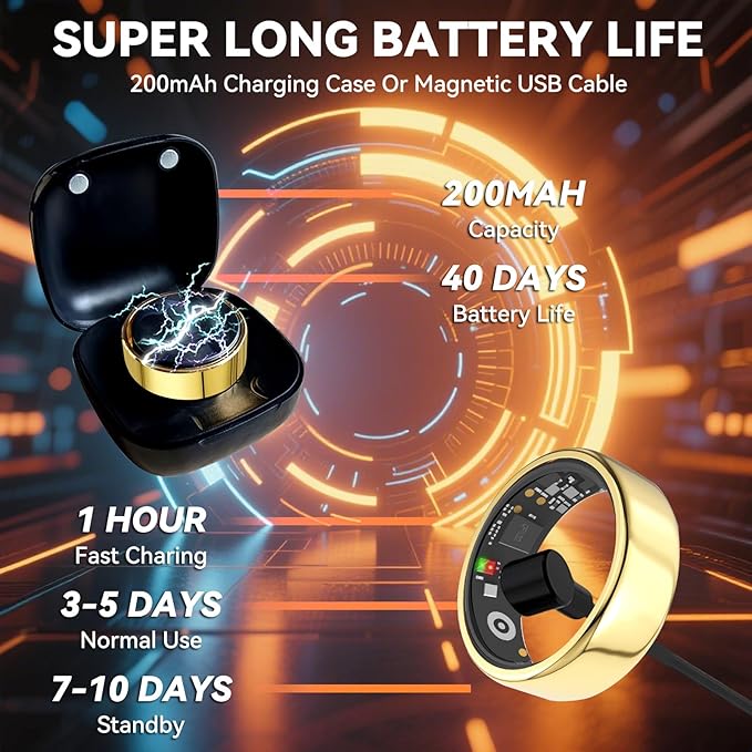 Smart Ring for Men Women with Black Charging Box, Bluetooth, Health Ring , IP68 Waterproof, Fitness Ring Tracks Heart Rate/Sleep/Steps/Sports Activities/Blood Oxygen,non-subscription app (Gold, 10)
