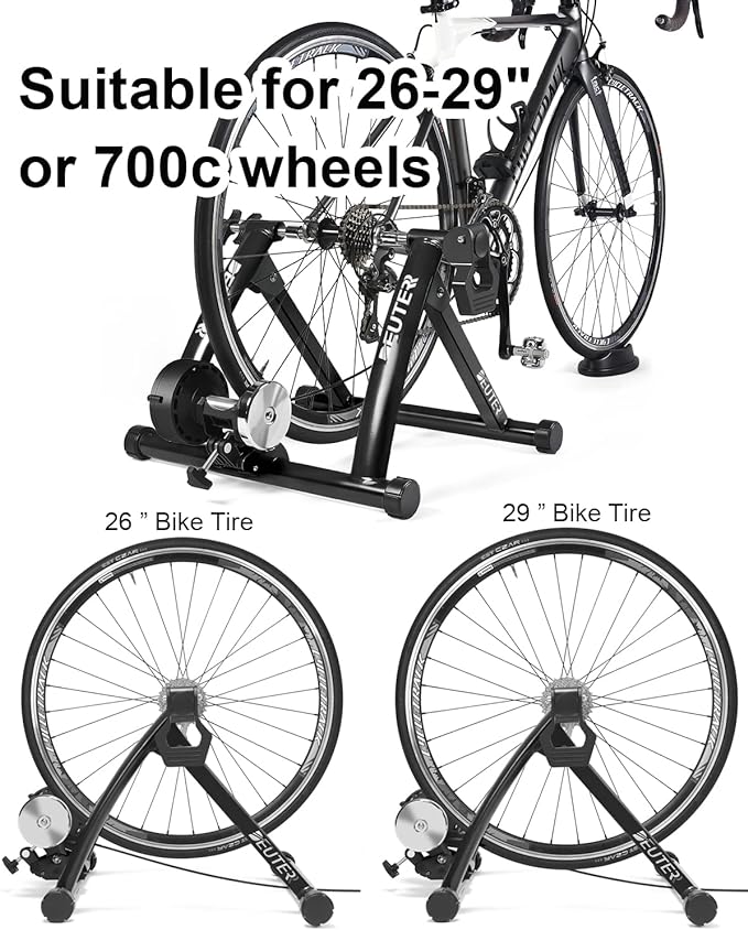 Bike Trainer, Magnetic Bicycle Stationary Stand for Indoor Exercise Riding, 26-29" & 700C Wheels, Quick Release Skewer & Front Wheel Riser Block Included